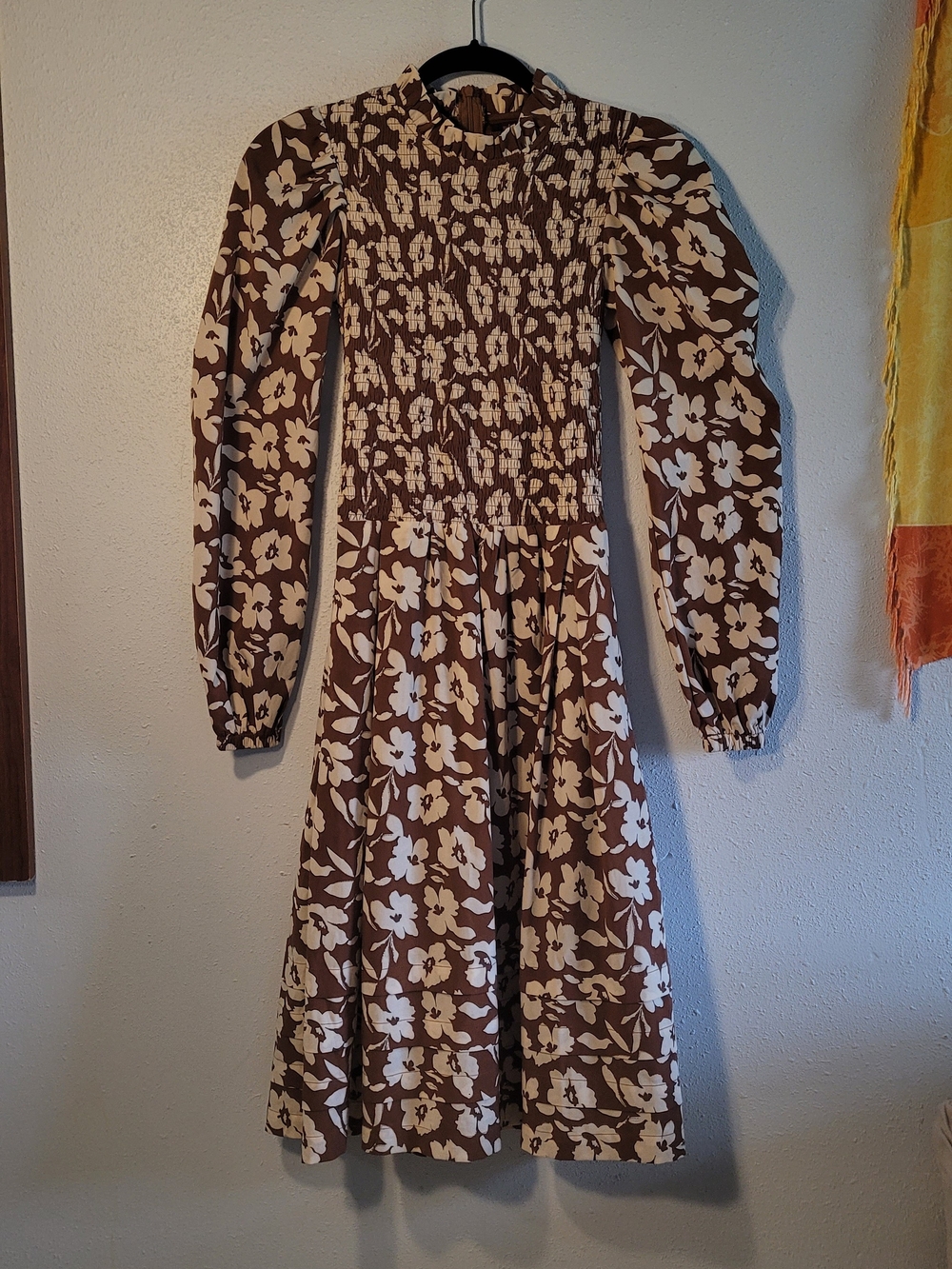 Brown Floral Smocked Long Sleeve Midi Dress - Women